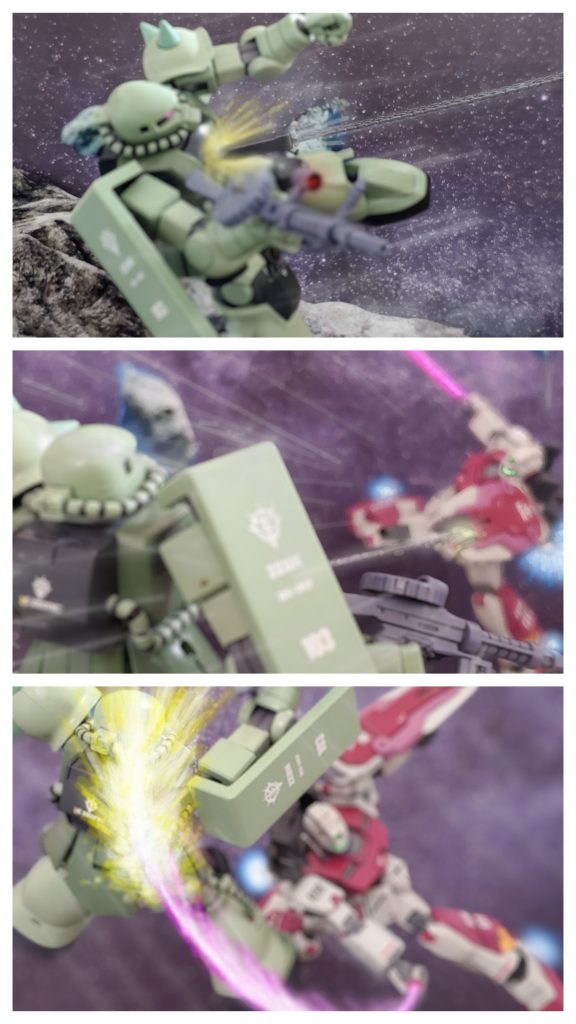 警告アラートが鳴った次の瞬間❕仲間のザクの胸部にアンカーのようなものが打ち込まれる‼️そしてザクに刺さったアンカーは鎖に繋がれ急速に引き込みを開始⚡そしてアンカーを戻しながら自らも加速し一瞬で間合いが詰まる😱❕機体の自由を奪われ引き込まれたザクはなす術なく瞬く間にビームサーベルで両断され爆散したのであった…💥