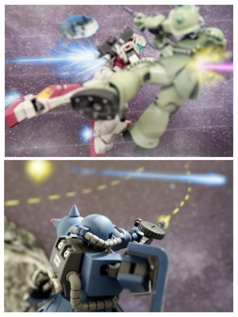 ジムタイプはマシンガン射撃の雨を潜り抜け、次のターゲットに急速に接近💨またもビームサーベルでザクを貫き撃破する‼️そしてジムタイプは射線を躱しながら急速に移動💨動きの読みにくいジムタイプにロックオンが追い付かず空を切るマシンガン弾…🌠『アンキー❕機動が読めない❗あいつ速度も旋回も急激に変化するぞ💦』アンジェリカ曹長は特徴的なアンカーを備えたシールドと機動を変化させ接近してくる来る戦術から、最近噂に聞く連邦のMSだと感じとる…😔『あれは噂に聞く 血染めの魔女 だ……』