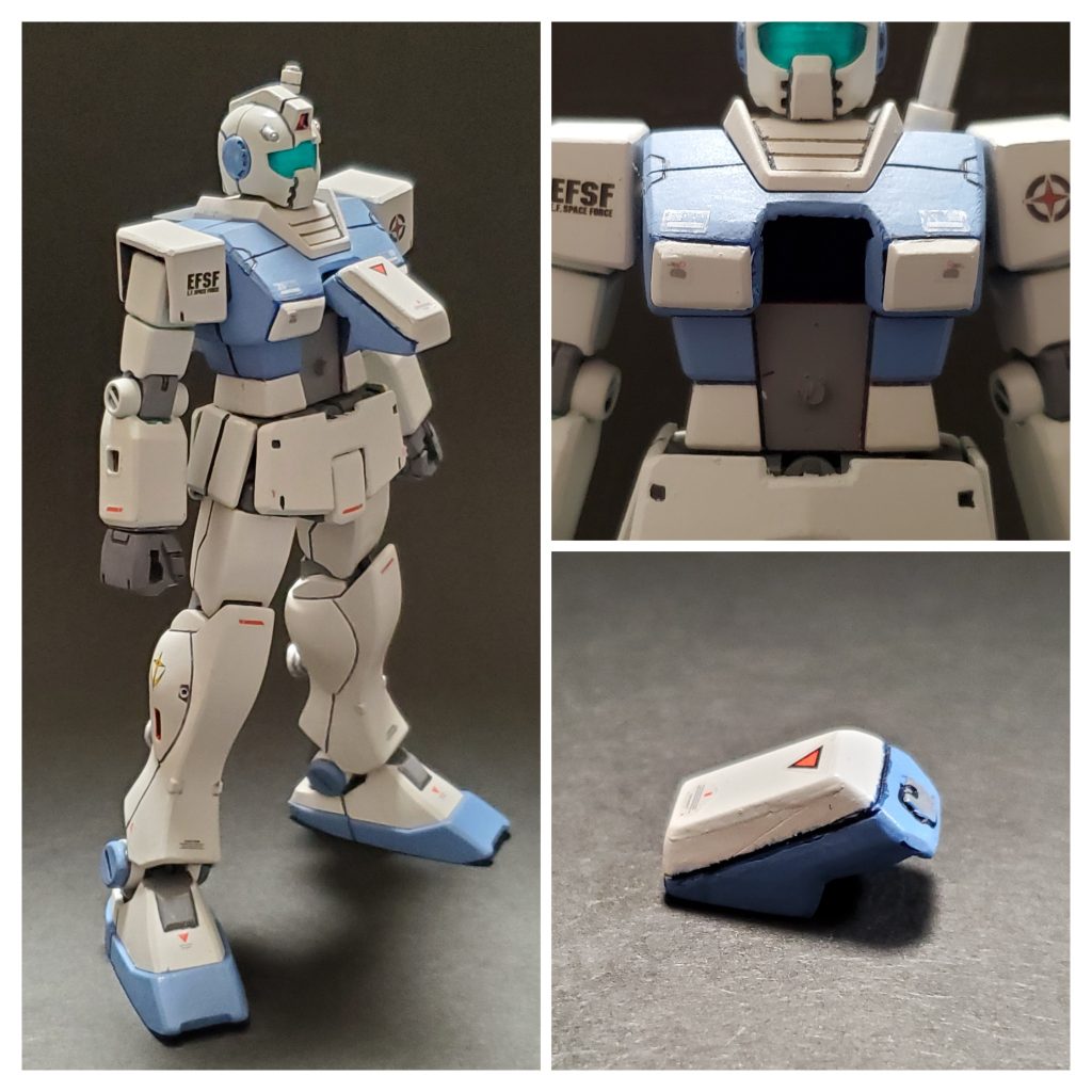 こちらが今回の最大の改修ポイント~👊✨ジム、ガンダムなど、この型のガンプラは散々いじってきましたが、初の試みでコクピットオープンが再現できるよう分離作業に挑戦しました🤣💦Gアーマーに付属するガンダムは取り外しが出来るので、それと同じかと思います🎵コクピット部の別パーツ感を出したくてスジ彫りをどんどん深くしていき切断しました👍️これにより閉じてる時もディテール感がアップ⤴️した気がします😎✨コクピット部分はプラ板1㎜で塞ぎ整えてます👍️