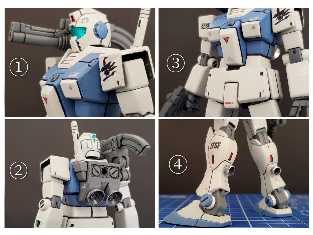 ここからは今回の回収ポイント~🤩✨①まず頭部はオリジン版ジムの頭を使用🤖アゴは削って無くして通常のジムに近づけました😊そして部隊共通の機体なのでマーキングの関係上、肩アーマーを複数用意❕『魔女』の搭乗機という事でパーソナルエンブレムを左肩アーマーに手描きしました🎵シイコ機は勝手に赤い馬🐴、それ以外は部隊マークの十字✴️にしてます🤭アーマーの形状はライトアーマーに寄せて四角に削り込みました👍️②バックパックは述べたように右側にオプション兵装を可能とし、メインバーニアは高出力をアピールするため大型のノズルを採用してます🎶③ライトアーマーらしさを一番に感じる事が出来るコクピット部、ダクト部、フロントアーマーです😆コクピット部に関しては下記にて🎵ダクト部はプラ板を貼って塞ぎ整えました✨フロントアーマーは切断と削り込みで形状を調整です🤭④膝から下はジム・コマンドのものを採用🎶サイドにスジ彫り追加とふくらはぎにバーニア増設❗足首のアンクルガードは切除しました✂️