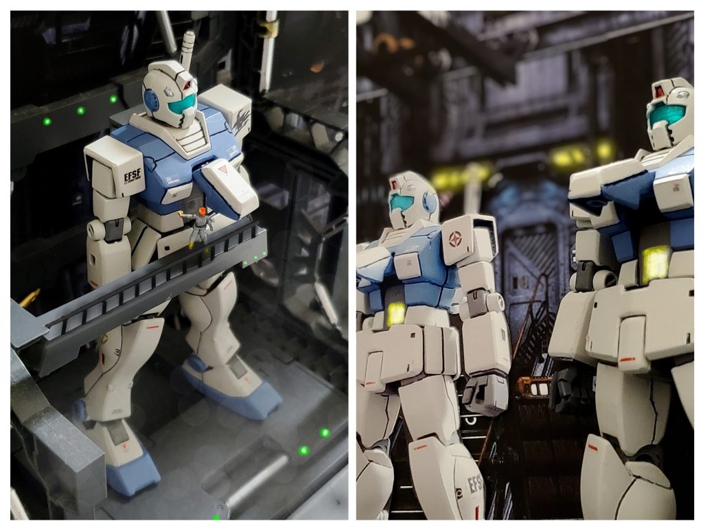 宇宙世紀0079年10月、連邦軍はMS生産体制を着実に進めていた。そして開発部の努力もありルナツー艦隊所属の高機動特化中隊にジム・ライトカスタムが配備される。高機動特化中隊は腕利きの元戦闘機乗りで構成されたMS部隊。『スピードスター』の異名を持つギャリー・ロジャース大尉を含む10名ほどで編成されており、ルナツー艦隊所属マゼラン級MS空母艦『フジヤマ』を母艦とし衛星軌道上を主戦場に活躍していた。編成当初からチーム戦績が高く、エース部隊として認定されていた😎✨艦内に配備されたジム・ライトカスタムを各々にチェックするメンバー🎶その中に最も戦闘スキルの高い二人のパイロットが存在していた。