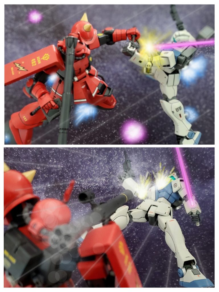 互いに機動性を武器にして戦う部隊の対決💥両MS部隊は一瞬の判断ミスが命取りになる攻防戦を展開‼️そしてギャリー・ロジャース大尉は真紅のザクと刃を交える⚔️激しい戦闘の中、ついに近距離でバズーカ弾を受け被弾してしまうギャリー・ロジャース大尉‼️