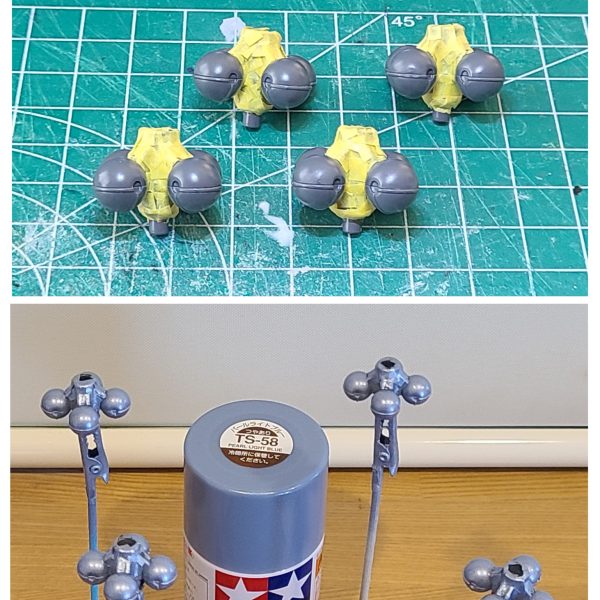 集合体に抵抗がありますが、まめぴよだと思ってガンバります！(;´д｀) ほんとは苦手なのね～ララァ大好きマンが駆るサザビーに搭載するビットは、正史カラーと決めておりましたの～缶スプレーでざっくり塗装。塗り分けめんどいッスね（汗( ・∀・)ｒ鹵~＜≪巛;ﾟДﾟ)ﾉ ｸｾー！（4枚目）