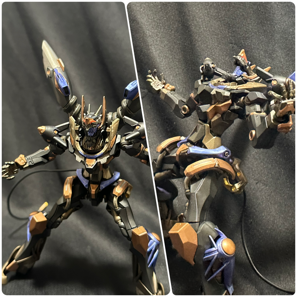 オープンフェイスはビーストモードとします!付属の平手の指を無理矢理曲げて割れた部分を瞬着パテで肉盛りして表情付けました。角度により槍を保持できるので平手兼持ち手となります