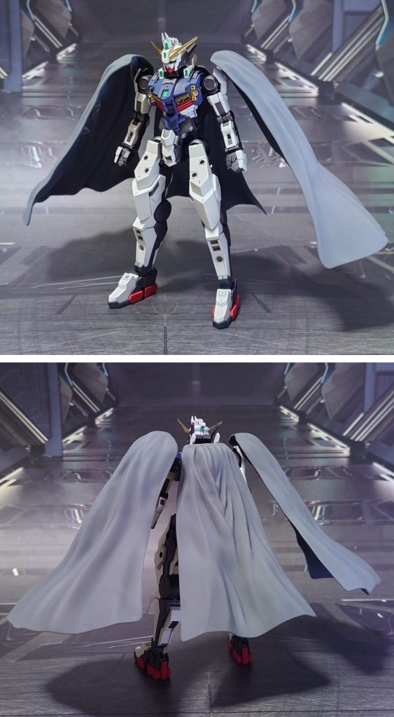 ガンダムジリウス、マント装備で前後ろ。頭部バルカンは穴開けに失敗したのでディテールを削り、瞬間接着剤で埋めたので無しになりました。代わりに、30mmオプションセットからマントを追加、軽装状態の時に取り付けられることとしました。