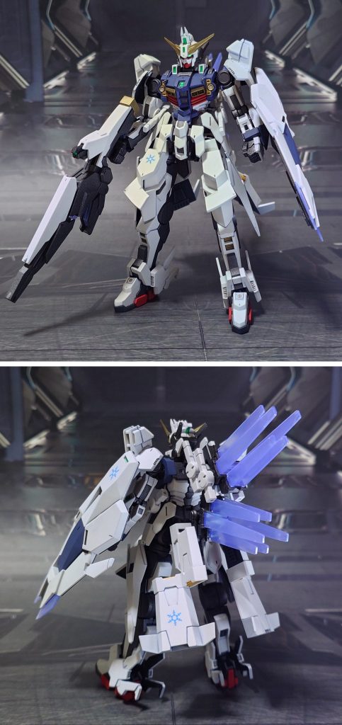 ガンダムジリウス、基本形態での前後ろ。工作は、ゲート痕処理、エッジ尖らせ、パーティングライン・段ズレ・ヒケの対処、面出し、肉抜き穴埋め、合わせ目消し、市販パーツ貼り付け・埋め込みによるディティールアップを実施。肉抜き穴埋めは頭部耳アンテナの裏側、首関節ポリキャップ裏、腰スラスター裏、アンクルガード基部、アンクルガード裏、バックパック基部のジョイントに実施。合わせ目消しは腰部に実施。手首は30MMオプションセットのものに交換しました。