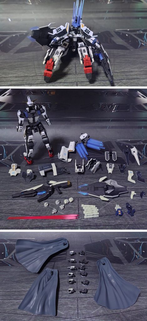 下からのアングルと、付属品一式。ガンダムジリウスは“結晶を操って戦うガンダム”ということから、装甲に雪の結晶のデカールを貼ってみました。