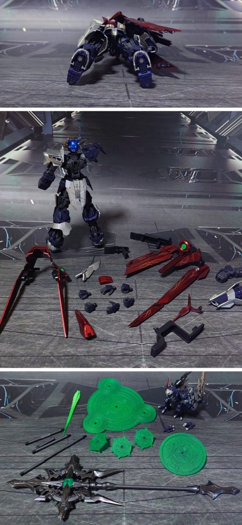 下からのアングルと、付属品一式。リメイク前からの装備として、手持ち武器のロッド、使い魔の梟型自立行動ユニットを他社パーツから添えました。リメイク時の追加要素として、左右握り手をHGBCスカルウェポンから流用、手の甲はアストレイノーネイムのものを他から用意して接着しました。&nbsp;■塗装工程・ガンダムアストレイノーネイム濃グレー：黒サフ→MSグレー連邦系→つや消し濃青：黒サフ→シャインシルバー→ディープメタリックブルー→つや消し銀：黒サフ→シルバーリーフ→光沢→光沢赤：黒サフ→メタリックレッド→光沢金：黒サフ→ゴールド→光沢フェイス部グレー：グレーサフ→つや消しポリキャップ：PPプライマー→MSグレー連邦系→つや消し頭部クリアパーツ：メタリックブルー→光沢ビーム刃エフェクト：先端側にメタリックグリーン→根元側にベースホワイト→全体に蛍光グリーンツインアイ・センサー類：キット付属シールを使用その他部分塗装、墨入れ：ガンダムマーカー各種→つや消し・ノーネイムライフル赤：黒サフ→メタリックレッド→光沢基部：黒サフジョイント類：黒サフ→メタリックブラック→光沢レンズ型パーツ：市販のレンズ型パーツと市販のシール素材を併用→光沢その他部分塗装、墨入れ：ガンダムマーカー各種→つや消し・ロッド銀：黒サフ→シャインシルバー→光沢グレー：黒サフ→ガンメタル→光沢グリップ部分グレー：黒サフ→ガンメタル→つや消し宝玉パーツ：内部にラピーテープ貼り込み→外側に蛍光グリーン魔法陣エフェクトパーツ：メタリックグリーン→蛍光グリーンその他部分塗装、墨入れ：ガンダムマーカー各種・使い魔センサー：市販のレンズ型パーツとシール素材を併用部分塗装、墨入れ：ガンダムマーカー各種