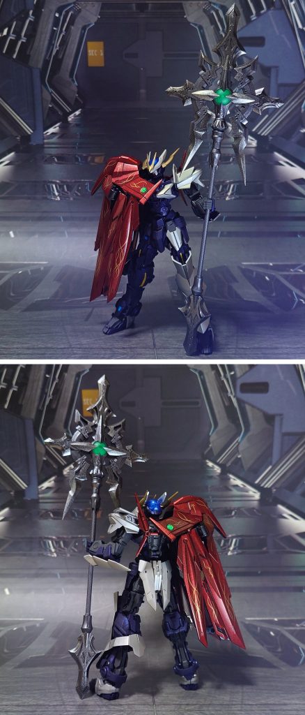 ノーネイムライフル・Dエクステンションモードで前後ろ。側頭部のアンテナは、本来ノーネイムライフルのモードチェンジに合わせて向きを差し替える設定ですが、破損防止のため差し替えないことにしました。合わせて、肩関節と股関節、足首関節に真鍮線を仕込み、関節軸を強化しておきました。