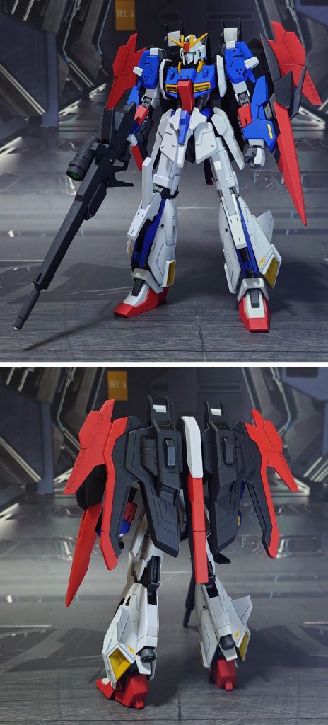 ライトニングゼータガンダムの前後ろ。工作は、ゲート痕再処理、エッジ尖らせ、パーティングライン・段ズレ・ヒケの対処、穴空け、合わせ目消し、肉抜き穴埋め、パーツの分割、面出し、市販パーツ貼り付け・埋め込みによるディティールアップを実施。負荷が大きく掛かりそうな関節や可動軸には真鍮線を仕込んで強度アップしておきました。