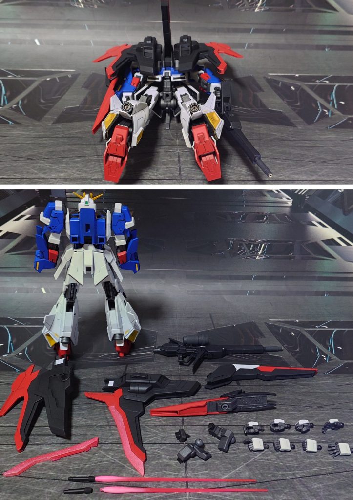 下からのアングルと、付属品一式。HGUCジム系の手首一式、Ζガンダム(REVIVE版)のビームサーベルを追加。シンプルな武装に高機動、ファイターの腕が強さにダイレクトに反映されるイメージとしました。