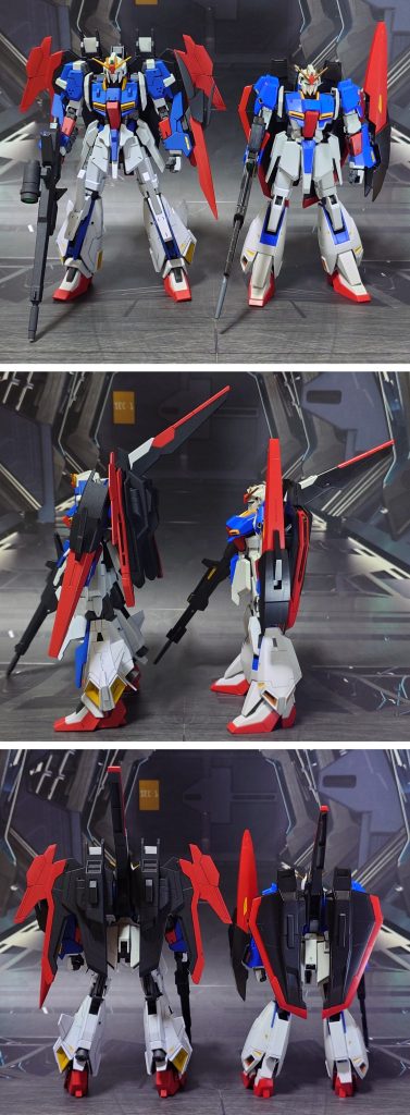 HGUCゼータガンダム(U.C.0088Ver.)との比較。■塗装レシピ白：パーツ裏側にブラック→パーツ表側にグレーサフ→パープルヘイズ→キャラクターホワイト→光沢→つや消し青：黒サフ→キャラクターブルー→つや消し赤：グレーサフ→MSレッド→光沢→つや消し黄：グレーサフ→黄橙色→つや消し黒：黒サフ→メタリックブラック→つや消し銀：黒サフ→シャインシルバー→つや消し関節類グレー：黒サフ→ブライトガンメタル→つや消しポリキャップ：PPプライマー→ブライトガンメタル→つや消しビームライフル濃グレー：黒サフ→MSグレー連邦系→つや消しビームサーベルグリップ：黒サフビーム刃エフェクト：先端側にメタリックレッド→根元側にベースホワイト→全体に蛍光ピンク頭部ツインアイ、メインカメラ、リアカメラ：キット付属シールを使用ビームライフルセンサー：市販のレンズ型パーツ、市販のシール素材を併用その他部分塗装、墨入れ：ガンダムマーカー各種