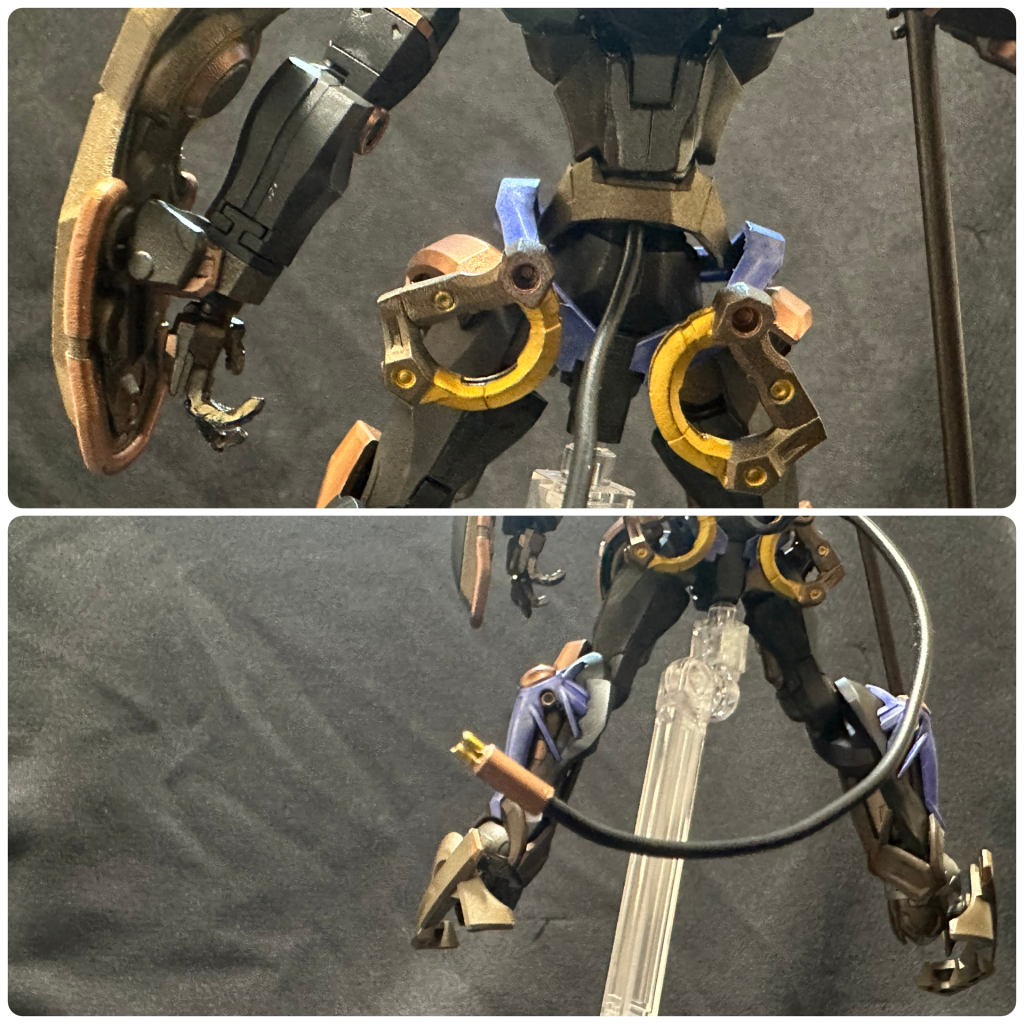 何かのガンプラの余りのリード線の先にランナー切って開口して刺し込み。プラグみたいなのは先端2箇所に開口して余ってたピアノ線差し込んで水性マーカーで塗装。本体へは腰関節に指してるだけですが意外と引っかかって抜けません