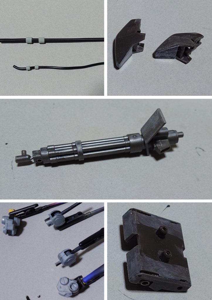 パーツ加工中の模様。合わせ目消しは、肩関節、肩アーマー側面、膝関節、バックパックの一部、武器類に実施。肉抜き穴埋めは、膝パッド裏側に実施。頭部と腰部のパイプは、市販のリード線、スプリング、プラパイプで置き換えてディティールアップ。