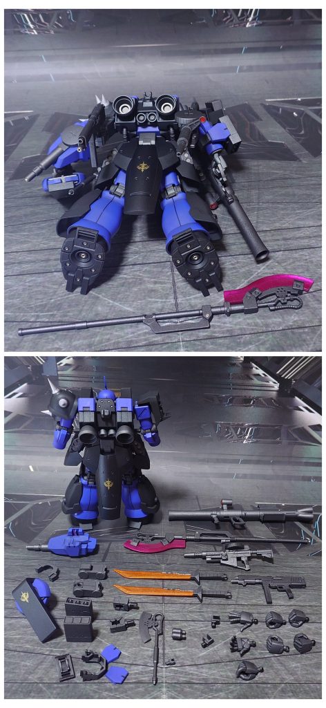 下からのアングルと、付属品一式。リメイク前からの追加装備だったHGジ・オリジン系のザクバズーカ、HGUCイフリート改のヒートソード＆ラックも合わせてリメイク。更に、HGUCグフカスタムの右平手も追加しました。
