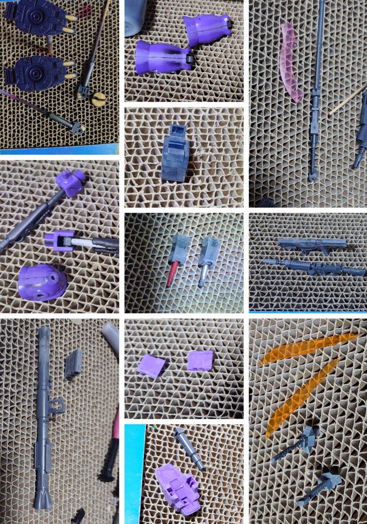 合わせ目消しと肉抜き穴埋めの模様。合わせ目消しは、肩関節ブロック、左右肩アーマー、腰部ミサイルポッド、脛後ろ側の裾、バックパックサブアーム、腕部マシンガン、手持ちマシンガン2種、追加武器のザクバズーカ、ヒートソードに実施。肉抜き穴埋めは、膝関節、足の爪先裏、ザクマシンガンのマガジン(手持ち分のみ)に実施。