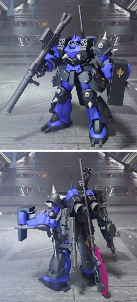 スーパーカスタムザクF2000の前後ろ。工作は、ゲート痕再処理、パーティングライン・段ズレ・ヒケの対処、面出し、合わせ目消し、肉抜き穴埋め、穴開け、市販ディティールアップパーツの貼り付け・埋め込みを実施。合わせて、関節等の軸に真鍮線を仕込んで補強を実施しました。また、加工中に顔の鼻〜口にあたる部分が割れてしまいましたが、設定的に歴戦のガンプラであること、パテ等で強引な改造を施しており、無理が出ている箇所があることを考慮し、敢えて補修せずそのままにしています。自分への言い訳ですが、“ガンプラ自身がこの姿を望んだ”と強引に解釈することにしました。