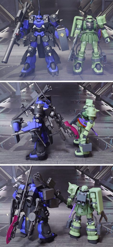 原型機のHGUCザクⅡF2との比較。■塗装レシピ紫：黒サフ→ブルーバイオレット→光沢→つや消し黒：黒サフ→メタリックブラック→光沢関節類グレー：黒サフ→ブライトガンメタル→つや消し武器類グレー∶黒サフ→ガンメタル→つや消し手持ちシールド紫：黒サフ→ブルーバイオレット→つや消しデッドエンドGヒート・ホーク刃∶シャインシルバー→フロストピンク→光沢ヒートソード刃∶シャインシルバー→メタリックオレンジ→光沢モノアイレール：黒サフモノアイ：市販のレンズパーツと市販のシール素材を併用→光沢ザクバズーカセンサー、ザクマシンガンセンサー∶市販のシール素材を使用その他部分塗装、墨入れ：ガンダムマーカー各種
