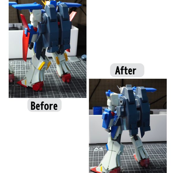ＨＧのＺＺ改修　【バックパック　足首】編【バックパック】バックパックの真ん中が狭い感じがしたので、切り離しプラ板で増幅。それに合わせてジョイントパーツもディテールを変える。若干パックパックと本体に隙間をもたせるため変形用のジョイントパーツを切って接着し、3㎜ぐらい隙間増幅。【足首】足首を曲げた時に見える接続パーツが嫌だったので、シリンダーみたいなパーツをつくり目隠し。（3枚目）