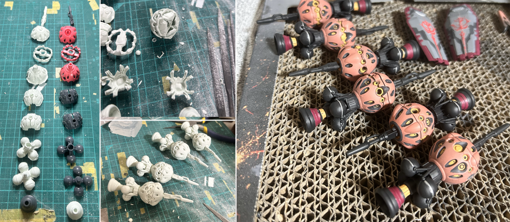 本体組むよりも多くの時間を費やしたビットもはやビットの方に愛着がある程度には根気とヤスリをかけました😊自分の技術では精密な複製は難しそうだったので、高密度タイプのエポキシパテを材料に選択完全乾燥までに適度なシナりが出るので破損せずに作れそうと思っての事でしたが、この選択は半分正解で半分失敗な感じに破損しにくい反面、細かいディティールを複製するには少し堅すぎたのかもしれません…が、回数を重ねるごとに精度は上がり最後の方はほぼキット同様の造形に近づけることができました(おゆまるで作成した型を使い回すのを諦めて、外すのではなく切り刻んで剥がす事で複雑な形状でも満足できる精度まで上げることが可能に)なんだかんだで色塗ってしまえば多少のアラは誤魔化せるのでヨシ😁しかし、重さが元のキットの三倍くらいになってしまったのは誤算…やる前に気付けよ自分😂