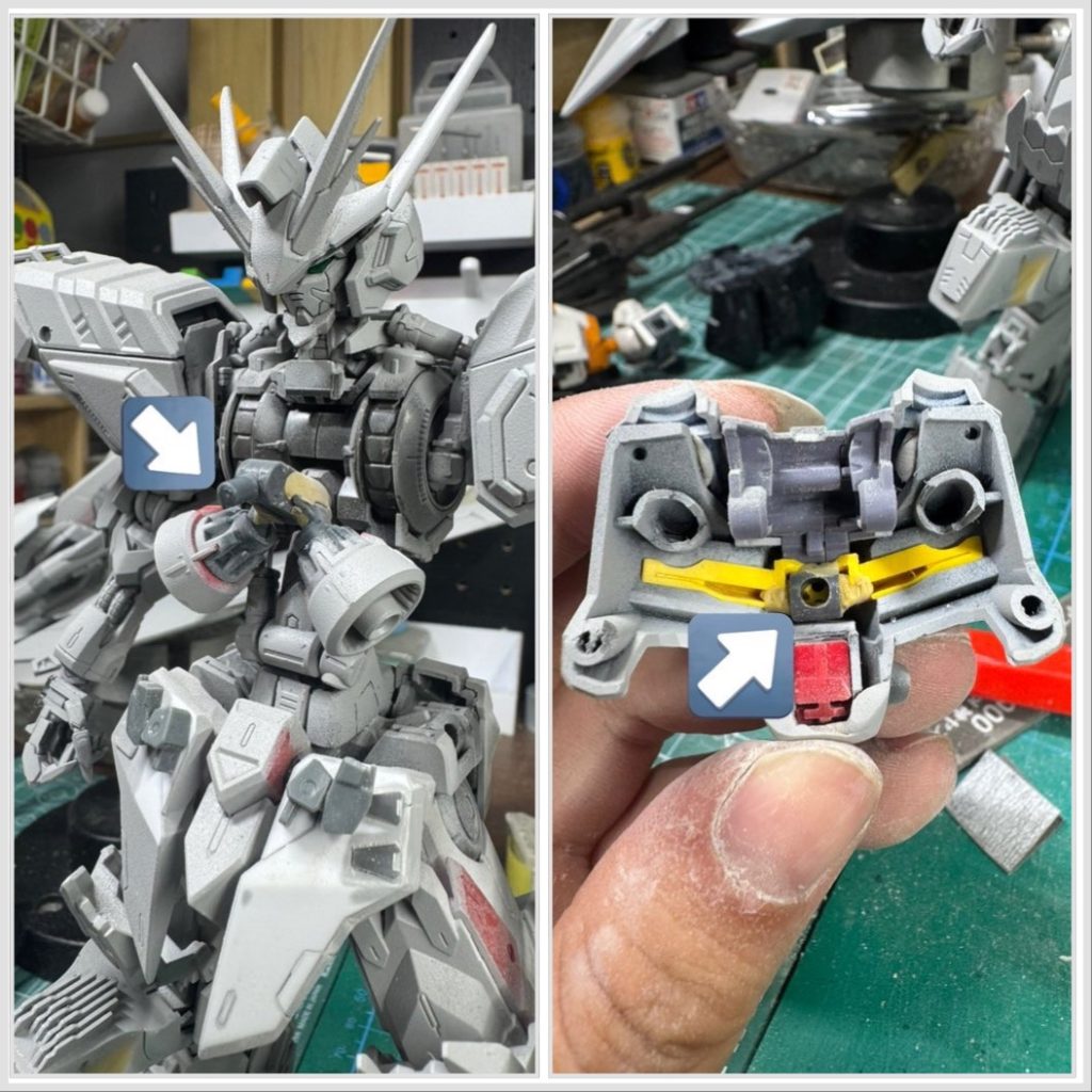 胸部アーマーの取り付けはこんな感じになってますが丸ジョイントだと動かしてると左右に回ってしまいます…角ジョイントにすべきだったと反省😅