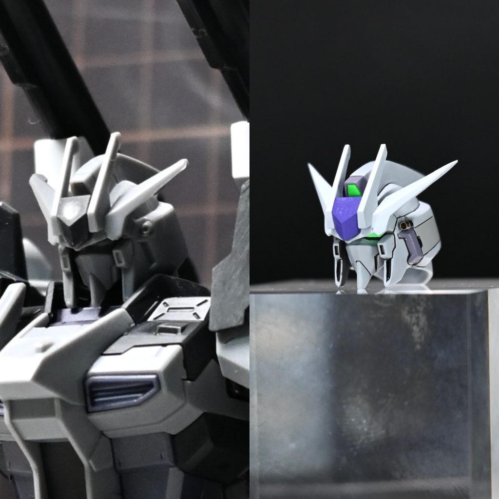 頭部、特にアンテナはかなり迷いましたが、キットに付属していたブレイヴの物を使用し、1ミリほど延長しています。バルカンは市販のパイプを使用。また今回、ツインアイをはじめとするセンサー類は蛍光シート+オーロラシート+レジンで、光を拾いつつブラックライトで発光するようにしています。