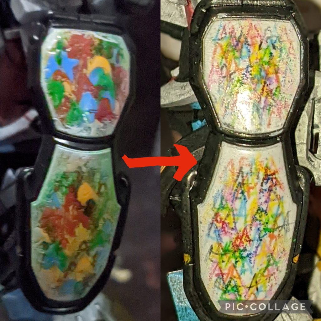 シールドはシュウジの画くキラキラをほどこしてみたのですが…やっぱ気に入らないので、いっぺん剥がして色鉛筆で描いてみました。やり方は400番の紙ヤスリで磨いて、トップコートつや消しを吹き付け乾燥、色鉛筆でキラキラを描き、トップコート半光沢でしあげです。