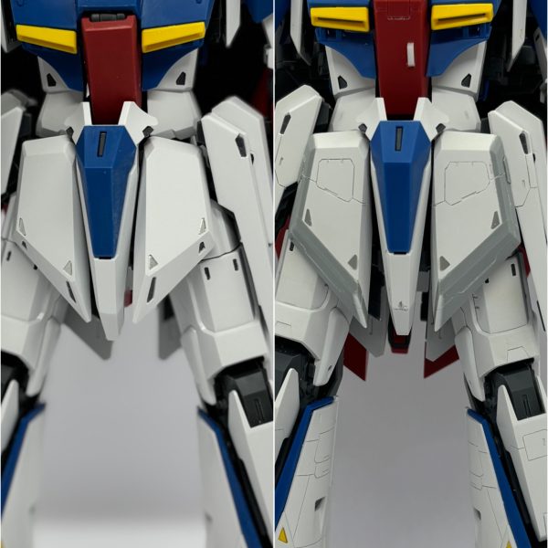 MGZガンダムver.ka制作中です。プロポーション改修やスジボリなどの工作があらかた完了したので、塗装前に投稿させていただきました。マスターアーカイブ zガンダムを参考にフェイス小顔化、フロントアーマー大型化、手首の小型化に加え、スジボリしまくってます。（3枚目）