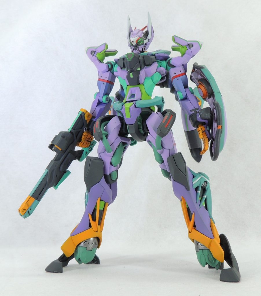 ■カラーリングについて(その1)1　胸部・ひざ・足→メカサフ・スーパーヘヴィ2　脚部スラスター→スターブライトアイアン3　腕等の濃いパープル→エヴァ・パープル4　二の腕のパープル→エヴァ・パープルグレー5　薄いパープル→MSパープル6　頭部・腕部等レッド→パンツァーレッド⑵