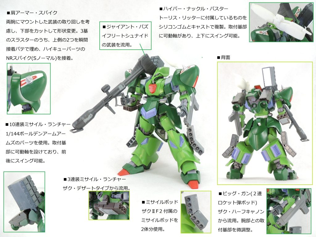 本体は、頭部アンテナの撤去、両肩ミサイルポッド周辺の形状変更、デスルターの腕部をリサイクルしたバックパックの新造、肩アーマーの短縮化とスパイクの設置、リアアーマーの短縮化等を行いました。