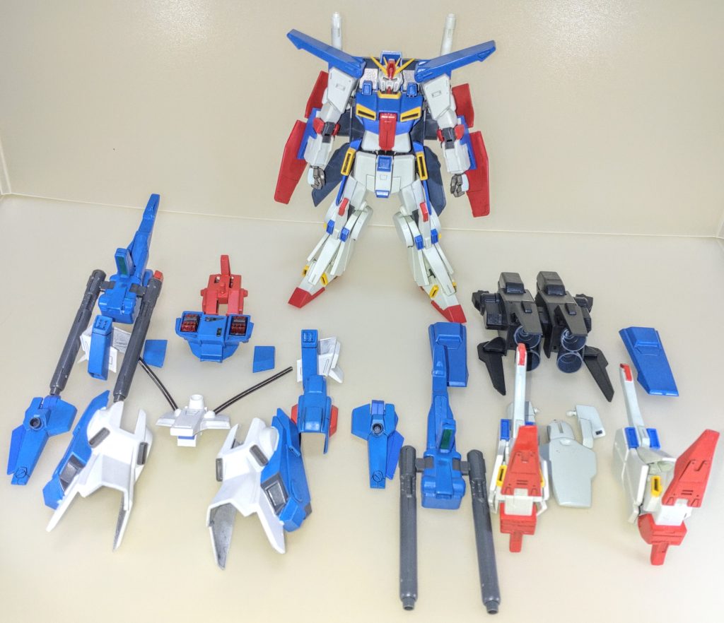 パーツ一覧。様々な方法を駆使して、各形態再現出来るようにしました。ハイパーメガカノンは作業量が膨大になるのでそのうち製作しようと思います…😅