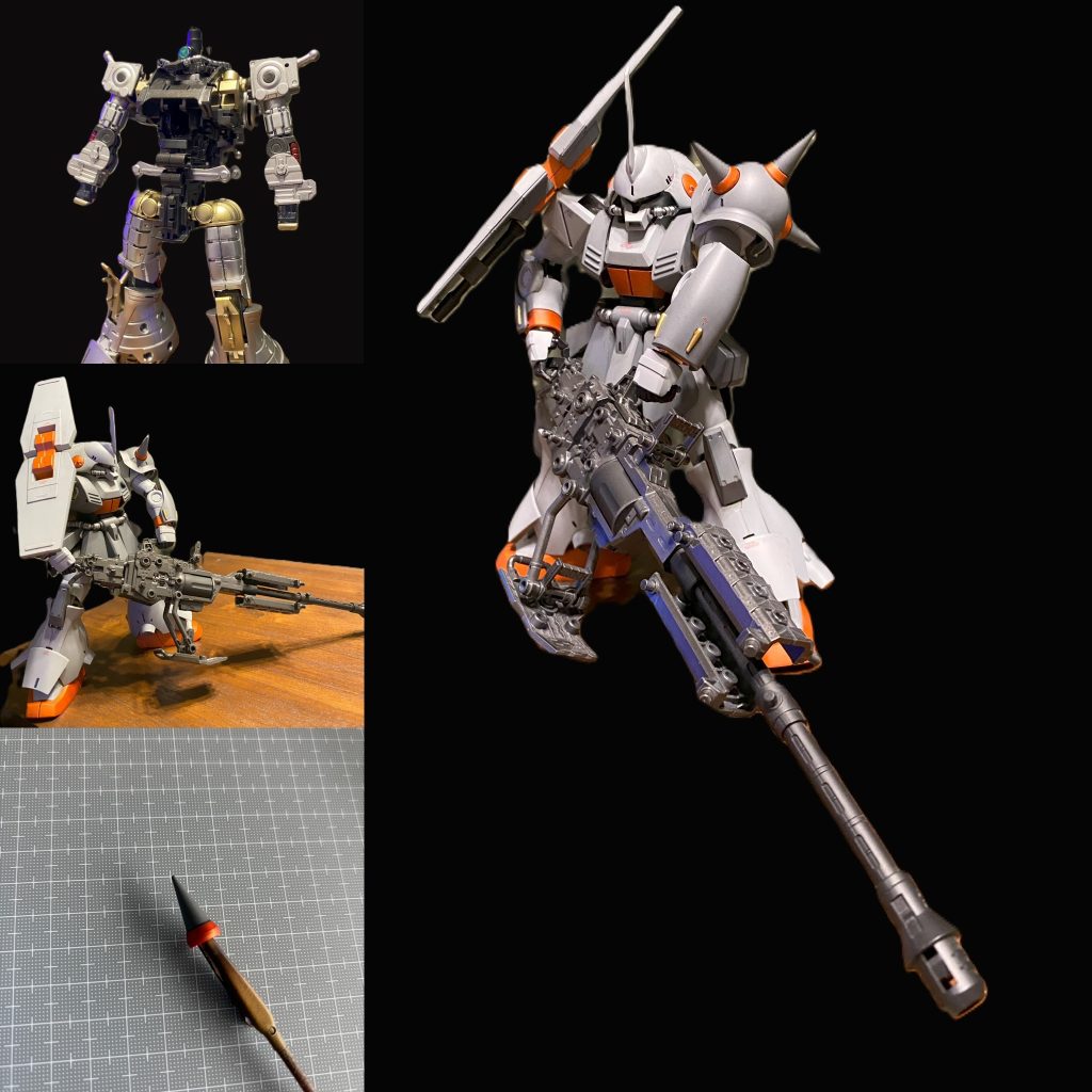 内部は黒サーフにメタルシルバーとゴールド、黒鉄色で塗装、武器はコトブキヤさんのM.S.Gヘヴィウェポンユニット17 リボルビングバスターキャノンです。でスパイクアーマーは4本あり、1つ余っていました。