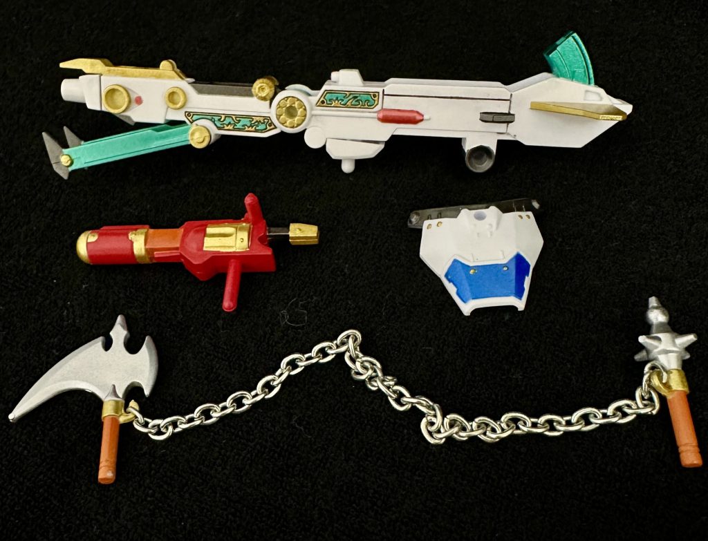 七人の超将軍編のパワーアップ武器。鬼封力の楯、雷砲〝稲妻〝、タネガシマ怒羅轟、鎖凄勢刃。稲妻の色分けこだわりました。 