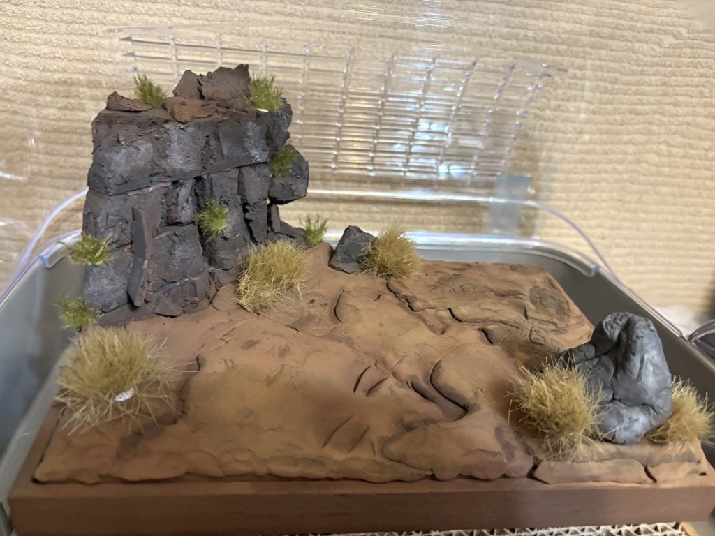 ネットの風景画像を参考に青とか白とか茶色とかを重ね、模型屋で購入した草を生やし完成です!これは凄い!ジャブローじゃん!!私はやはり麒麟児なのかもしれません。ちなみにこの草の根元に見える白は木工ボンドです。私は若くて過ちを犯す年齢なので完成させてその足で写真を撮り、投稿しています。