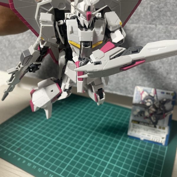 やっと素組がおわりました、昔から好きな機体だったので、手に入って嬉しいです足のピンク1部わざと変えていますアレンジ感をだしてみましたどう仕上げるかはきまってませんカードと同じポーズ取らせてみましたが手がうつってしまいました墨入れ等がんばります！！（3枚目）