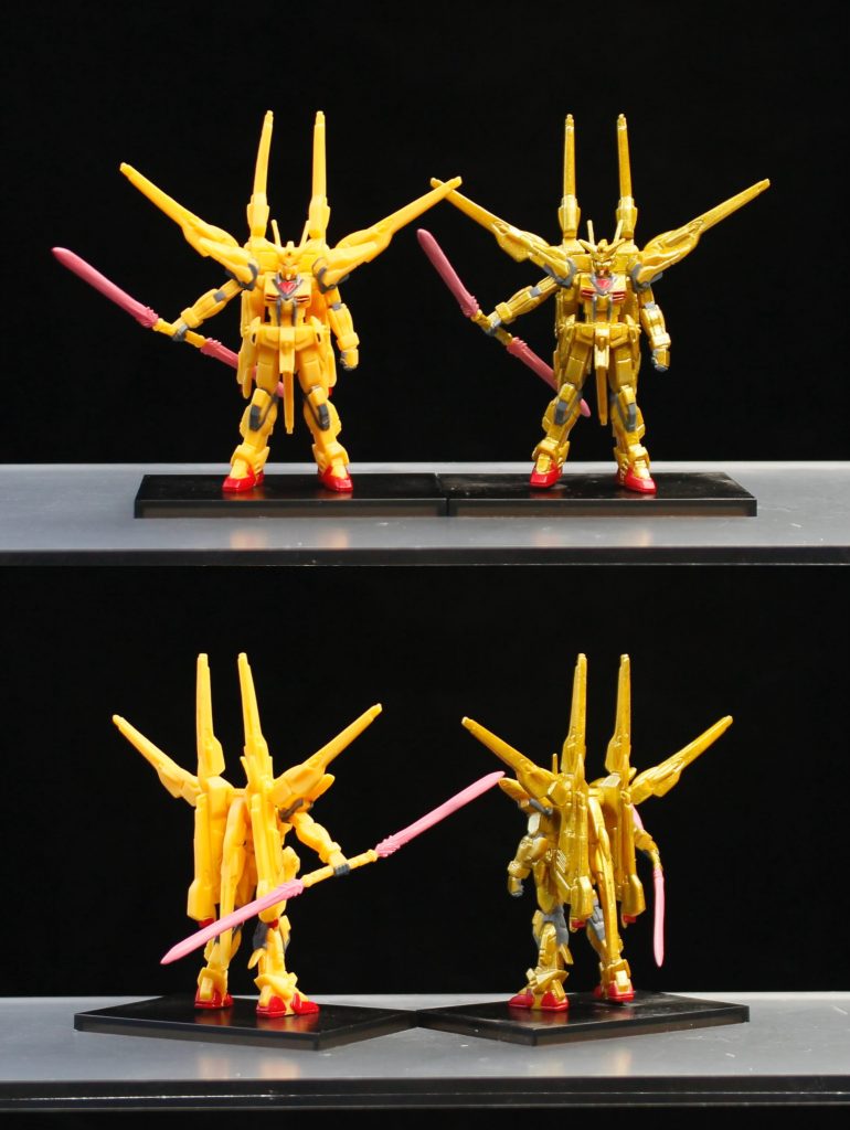 キット付属のシラヌイアカツキガンダム1機は、ガンコレNEO4のシークレット「ゴールド オオワシアカツキガンダム」を参考に金色塗装を施しています。