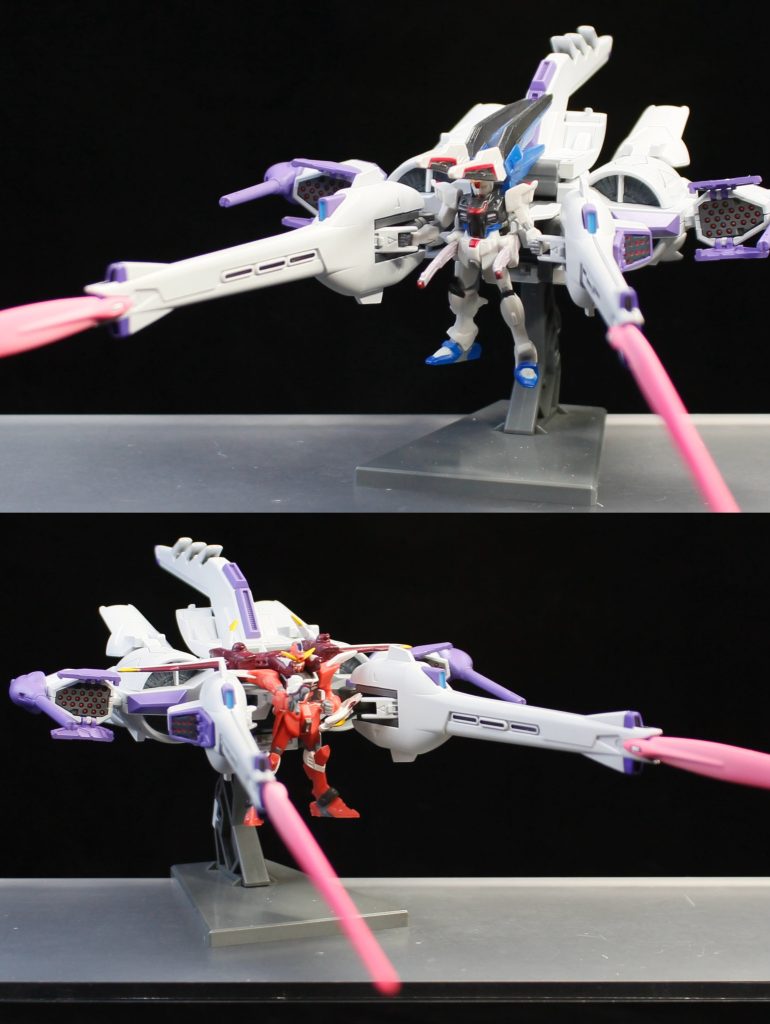 ガンコレ vol.9のフリーダムガンダムとジャスティスガンダムは接続口形状が共通のため、ミーティアユニットへの搭載も可能です。