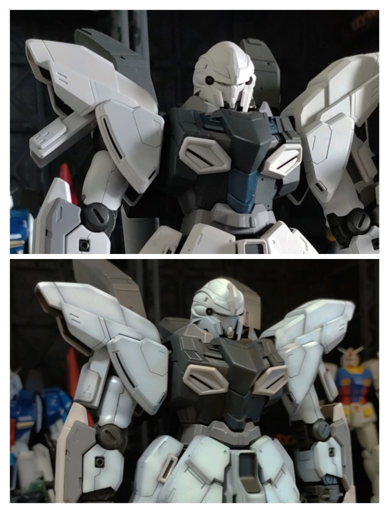 比較画像その1 上 モールド入れた後のサフ/下 シャドウ入れスタイリングは申し分ないので首を2ミリだけ延長してます(意外と効果薄かったです汗)