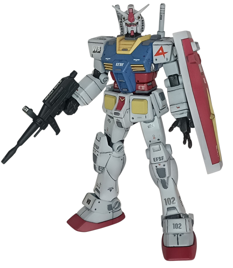 正面頭部バルカンを真鍮パイプに変更。頭部形状変更。顔は、目をポリパテにて、形状変更。各所にスジボリ追加。ディテール追加。足首付近で、2ミリ延長