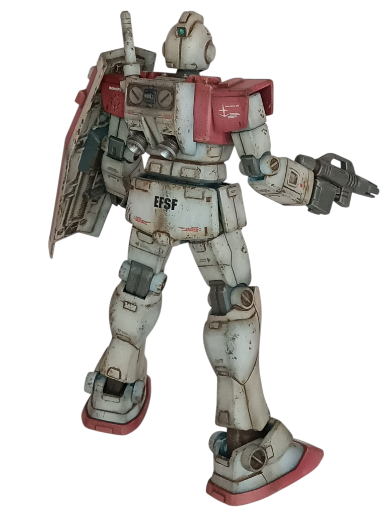 後ろ各所にプラ板でディテール追加。ランドセル、腕部のシールド取付穴を塞ぎ定番のマグネット内蔵に変更。ランドセルのバーニアをディテールアップパーツに変更。ふくらはぎ部分を削り込み、バーニア状のディテール追加。