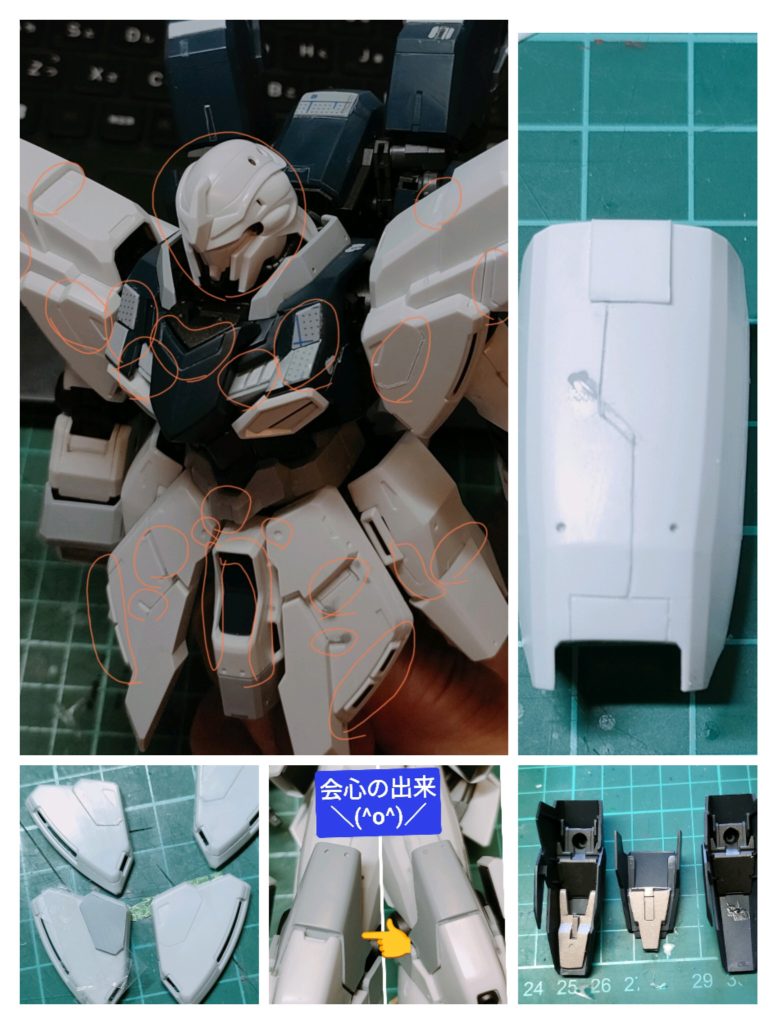 このシナンジュ・スタイン、なにしろプレーン、MGらしいディティール感が皆無です。(内部フレームはそれなりに凝ってます)最初は塗装のみで終えるつもりがここだけはモールド掘っておこう、それならこっちもやっておこう、がエンドレスとなりまして笑(ガンプラ改修あるある)