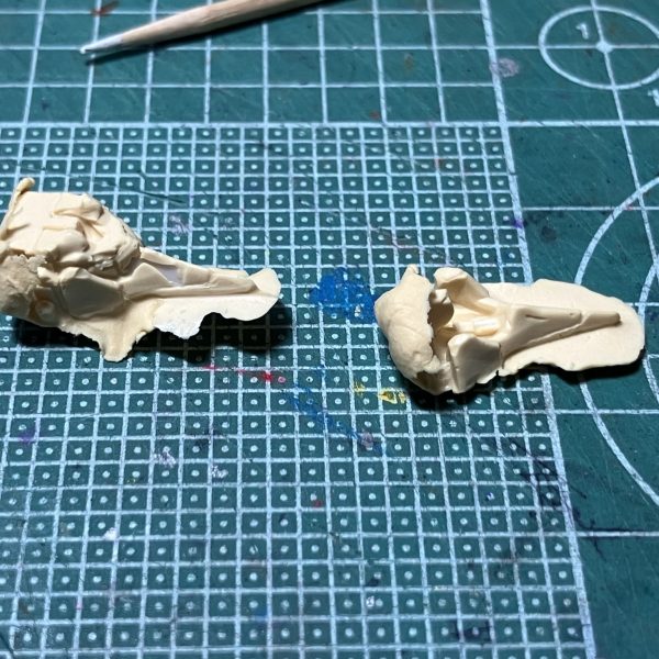 昨日今日でフライルー2号機の新規パーツであるガンダムMk-Ⅴ風のフェイス複製に挑戦してみました。おゆプラでフェイスだけ3つ、アゴだけ2つ、組んだ状態で1つ型を作ってエポパテで複製。フェイスは型取り段階で押し付け方によって形にばらつきが出るので今後も練習が必要そう。今回はリテイク前提で複数の型をとってみましたが、初めてにしてはまぁまぁかな。アゴは単体、組んだ状態共に加工中に折れる未来しか見えなかったため、エポパテを詰める段階から0.5mmプラ板を短冊状にして仕込み強度を確保しました。表面処理大変だから先にやろっかな…（4枚目）