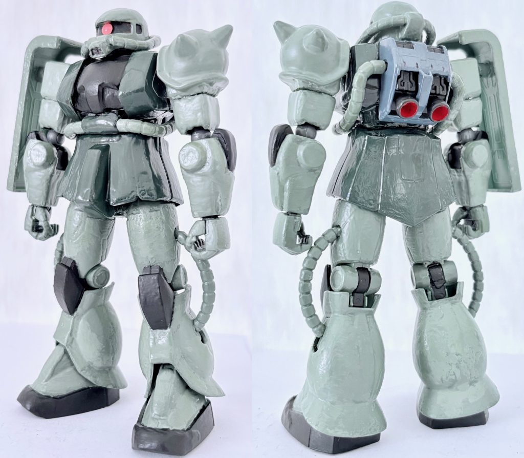 完成した状態。アニメ版のカラーを意識しつつ、旧HGUCザクのような外見にしてある。