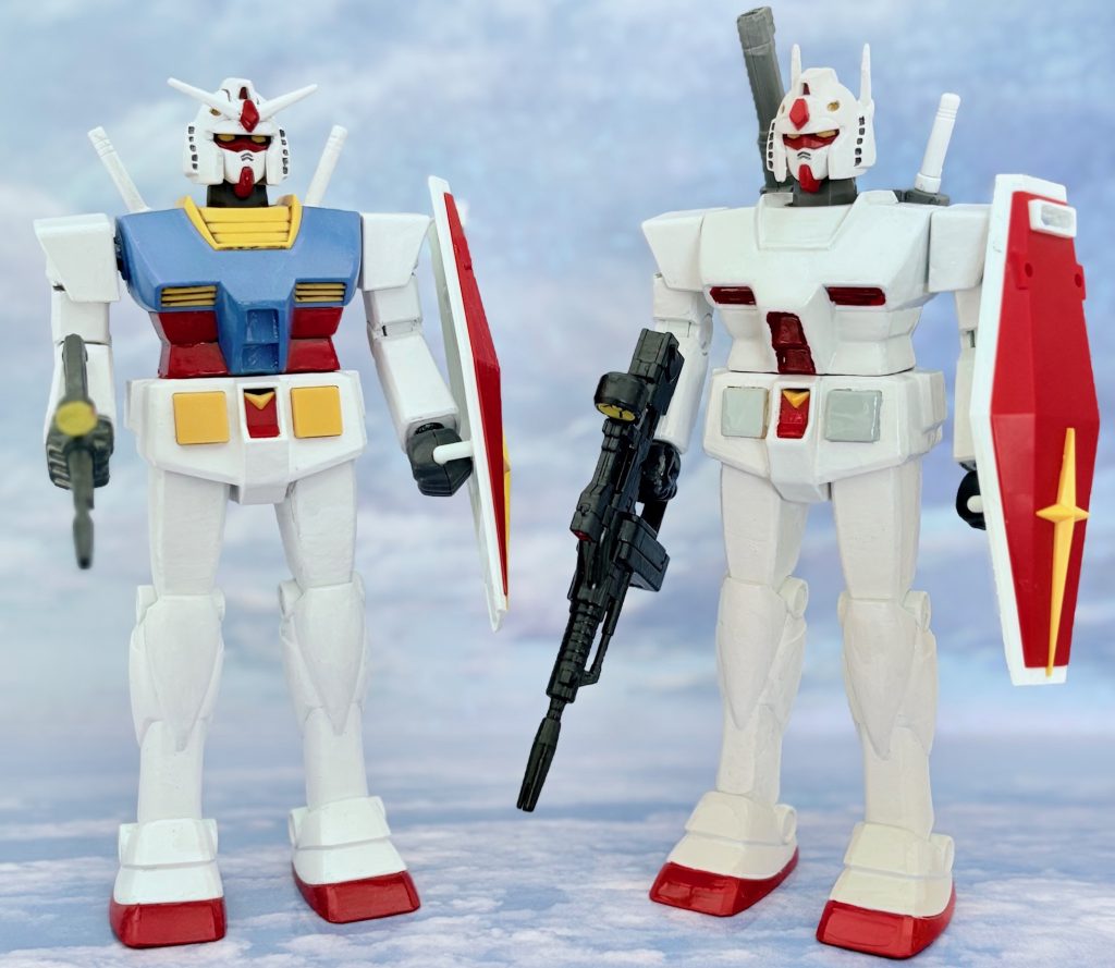 ベースとなったリバイバル版ガンダムとツーショット。こうしてみるとロールアウトカラー版は少しいじればガワラデザイン風のガンダムEXにもできるかもしれない(gundam-kao6)