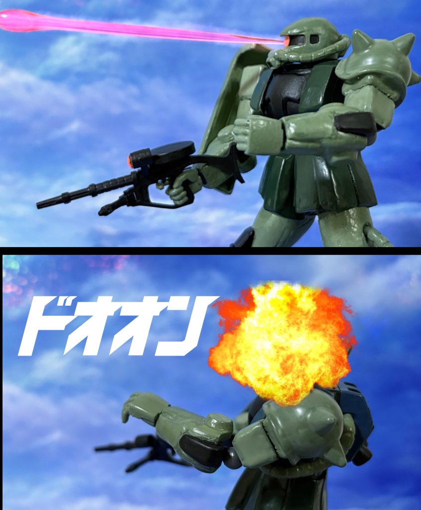 一条のビームがデニムザクの頭部を破壊した。