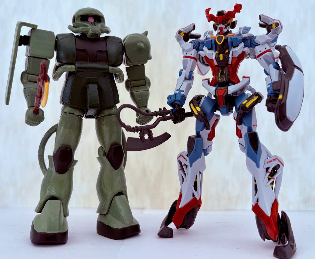 最新キットのジークアクスと並べる。ガンプラも45年でここまで進化したぜ(zaku-kao6)旧ザクも同じように頑張って作ってみるか(gundam-kao7)次回もお楽しみに。