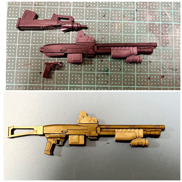 画像が5枚ありますそのままだと「ずんぐり」体型だったので、上方向に合計11.6mm延長して、すらッとした印象にしました。合わせ目消しや延長工作がなかなか大変でしたが、だいぶ印象が変わったのではないでしょうか。工作の詳細は以下の通りです。【延長、幅増し】腹:お腹部分で4.8mm延長、前方向にも2.0mm幅増し腰アーマー:2.0延長胸:前方向に2.0mm幅増し太もも:3.6mm延長、2.4mm幅増し下腿:3.0mm延長上腕:3.6mm延長【スタイル改修】肩:接続方法を変え、幅を1.5mmくらい詰め腰:元の接続軸を切り飛ばし、新たに軸を少し後ろにずらして、前傾で軸を付け直した【LED電飾】目のセンサー部分はもともとクリアパーツではないので、UVレジンで複製。電池パック兼マグネットスイッチはバックパックに格納。LEDはＭＳサイトレンズ０１を使ってマウント。LEDは 磁気スイッチ付LEDモジュール ゆらぎ リード線版 を使ってます【ショットガン】グリップがかっこ悪いので、元キットのマシンガンのものと付け替え（4枚目）