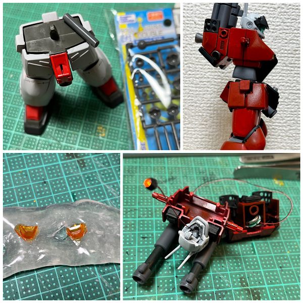 画像が5枚ありますそのままだと「ずんぐり」体型だったので、上方向に合計11.6mm延長して、すらッとした印象にしました。合わせ目消しや延長工作がなかなか大変でしたが、だいぶ印象が変わったのではないでしょうか。工作の詳細は以下の通りです。【延長、幅増し】腹:お腹部分で4.8mm延長、前方向にも2.0mm幅増し腰アーマー:2.0延長胸:前方向に2.0mm幅増し太もも:3.6mm延長、2.4mm幅増し下腿:3.0mm延長上腕:3.6mm延長【スタイル改修】肩:接続方法を変え、幅を1.5mmくらい詰め腰:元の接続軸を切り飛ばし、新たに軸を少し後ろにずらして、前傾で軸を付け直した【LED電飾】目のセンサー部分はもともとクリアパーツではないので、UVレジンで複製。電池パック兼マグネットスイッチはバックパックに格納。LEDはＭＳサイトレンズ０１を使ってマウント。LEDは 磁気スイッチ付LEDモジュール ゆらぎ リード線版 を使ってます【ショットガン】グリップがかっこ悪いので、元キットのマシンガンのものと付け替え（2枚目）