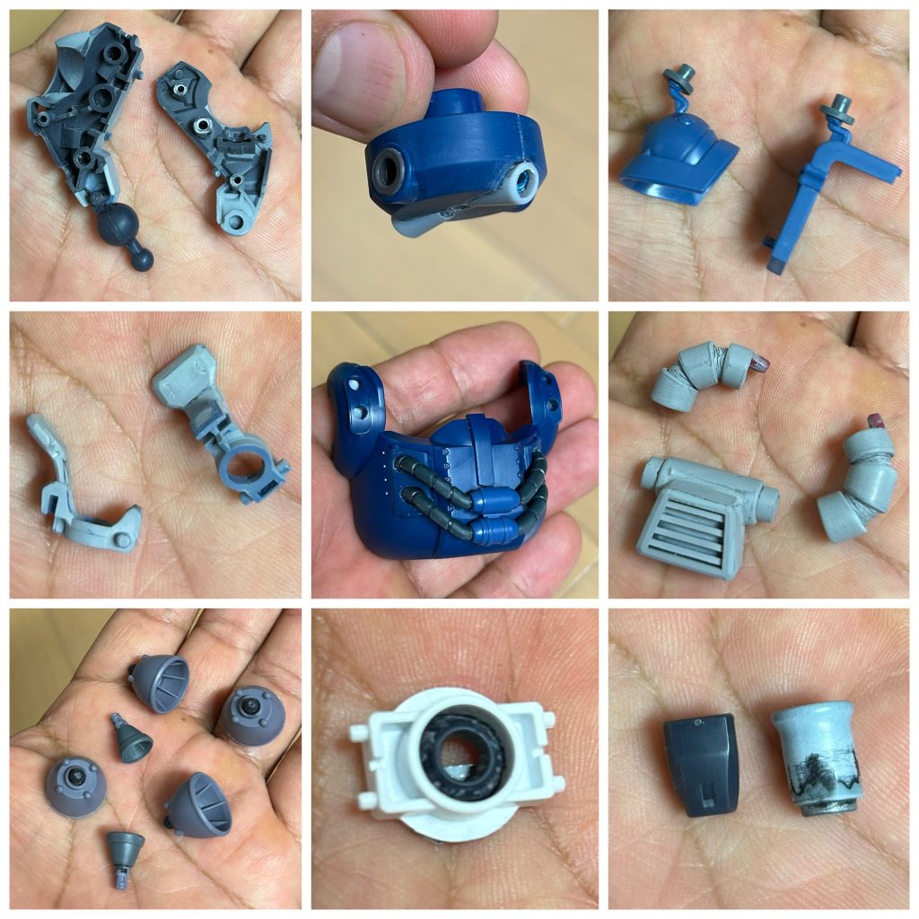 制作過程。そんなたいしたコトはやってないですね😅口と動力パイプはプラ板とプラパイプで適当に造形。あとは、脛をごっそりオミットしたので、違和感が出ないようにちっちゃい脛当てを足首側に設置してあります。