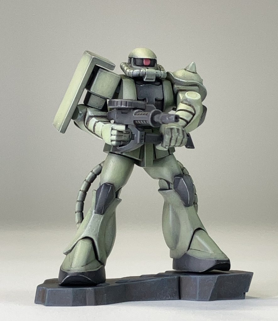 カラーレシピ緑：黒サフ → MSグリーン濃緑：黒サフ → MSディープグリーングレー：黒サフ → グレージオン系ピンク：赤+白で調色